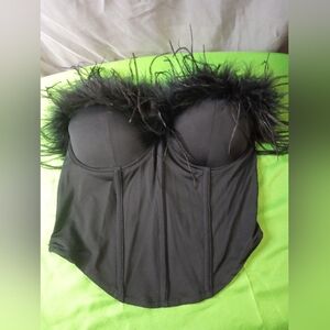 Fashion Nova Black Feather Trim Corset Top